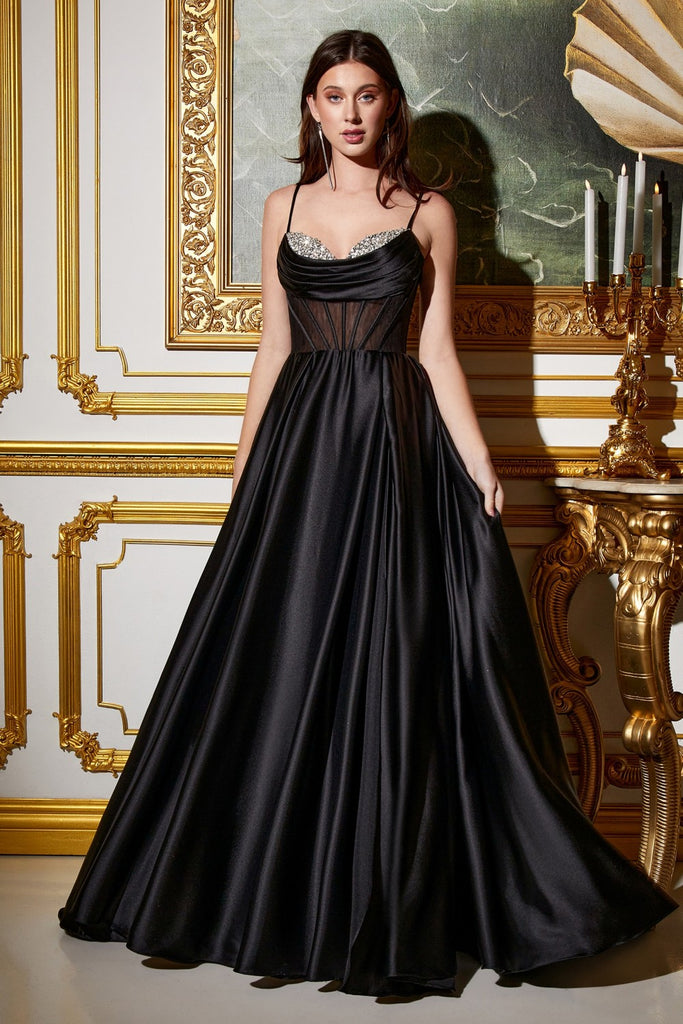 Fashion Deep V Neck Black Satin Long Prom Dresses with Pockets – Pgmdress
